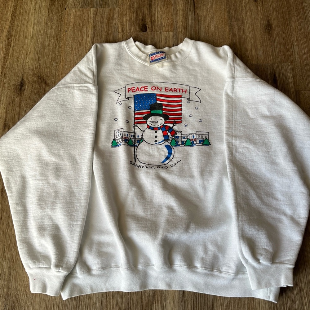 Vintage Hanes Heavyweight Crew Neck Sweater Christmas snowman Sz L Granville Oh